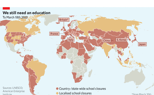 Map from The Economist showing most schools closed worldwide due to Covid-19